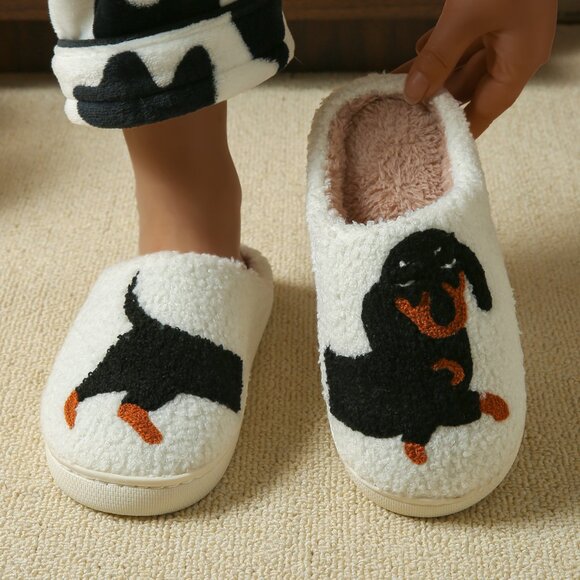 Funny Dachshund Slippers for Women Men Winter House Shoes, Fluffy Bedroom Slides - Picture 3 of 4